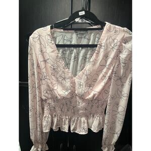 Lulumari Pink Butterfly Print Smocked Waist Long Sleeve Blouse
